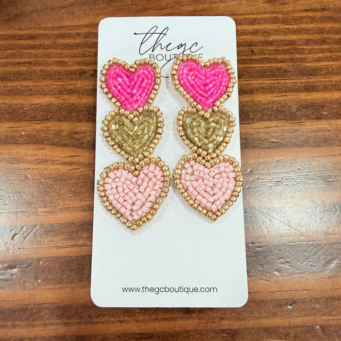 3 Beaded Heart Earrings (Fuchsia)