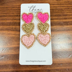 3 Beaded Heart Earrings (Fuchsia)