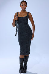 AFTER HOURS DENIM RHINESTONE MIDI DRESS IN BLACK
