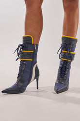 AKIRA GOLD DEMAND NAVY STILETTO BOOTIE