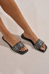 AKIRA DEVORA BLACK HARDWARE EMBELLISHED FLAT SLIP ON SANDAL
