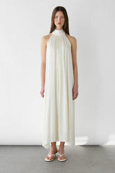 PLEATED HALTER MAXI DRESS