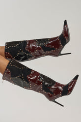 AKIRA GOLD ENYAE MAHOGANY MULTI PATCHWORK STILETTO BOOT