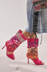 AKIRA GOLD FORMIDABLE PINK MULTI ABSTRACT OPEN TOE BOOTIE