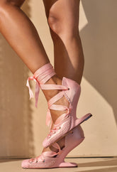 AKIRA GOLD TENDU PINK BALLET LACE UP NOVELTY HEEL PUMP