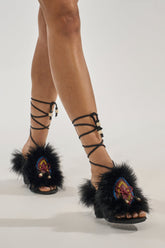 AKIRA GOLD UMIKA BLACK FUR BLOCK SANDAL
