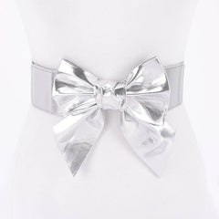Faux Leather Ribbon Elastic Belt (Silver)