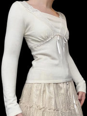 Solid Lace Trim Deep V-Neck Slim Long Sleeve Knit Top