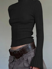 Solid Turtleneck Slim Flare Sleeve Long Sleeve Knit Top