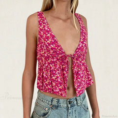 Tie Front Underbust Drawcord Floral Print V Neck Sleeveless Fairy Backless Crop Top
