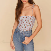 Vintage Floral Smocked Tie Strap Slim Fitted Crop Cami Top