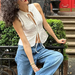 Vintage Jacquard Tie Up Neck Front Cutout Y2K Cottage Streetwear Crop Top