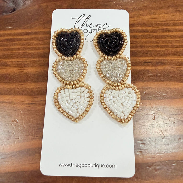 3 Beaded Heart Earrings (Black)