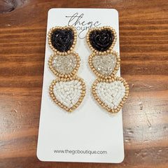 3 Beaded Heart Earrings (Black)