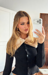 Lainey Black Fur Trim Collar Knit Cardigan - PRE ORDER