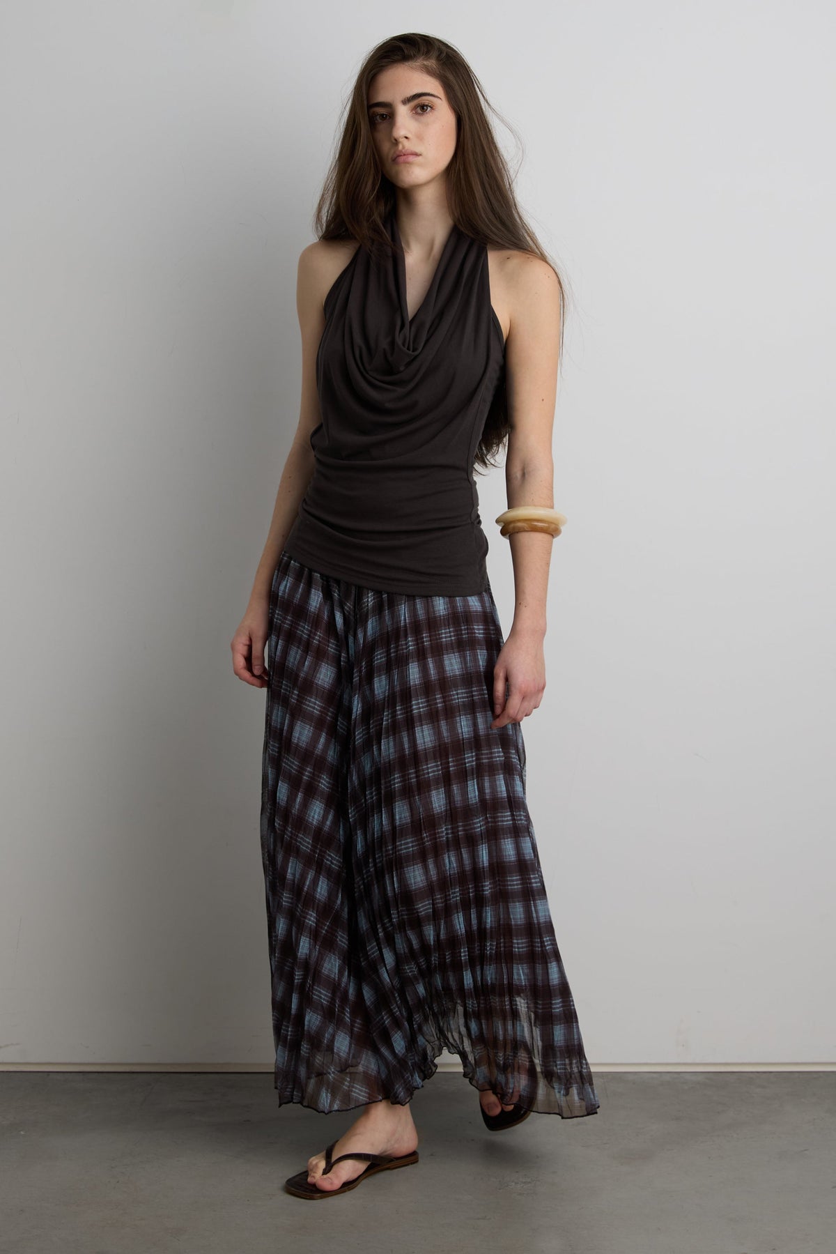 BLUE PLAID ACCORDION PLEAT MIDI SKIRT
