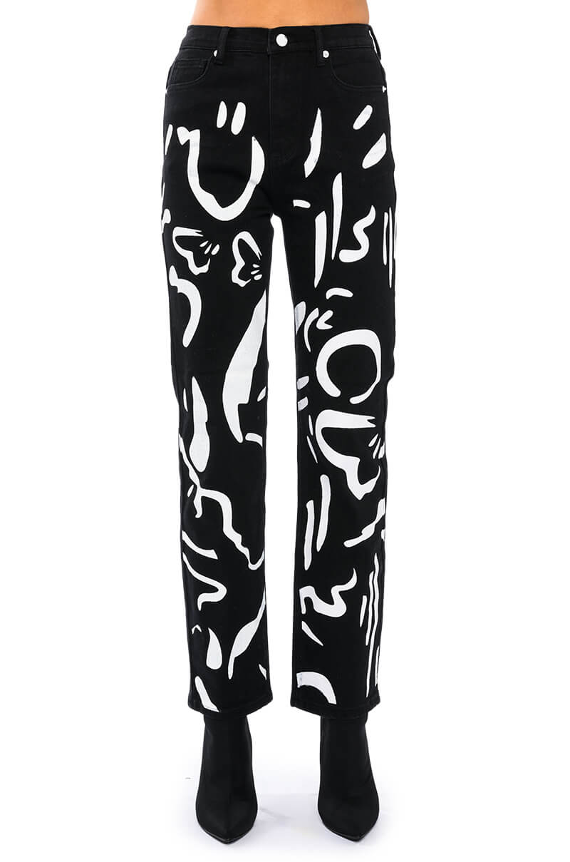 ABSTRACT PAINTED HIGH WAISTED WIDE LEG JEAN