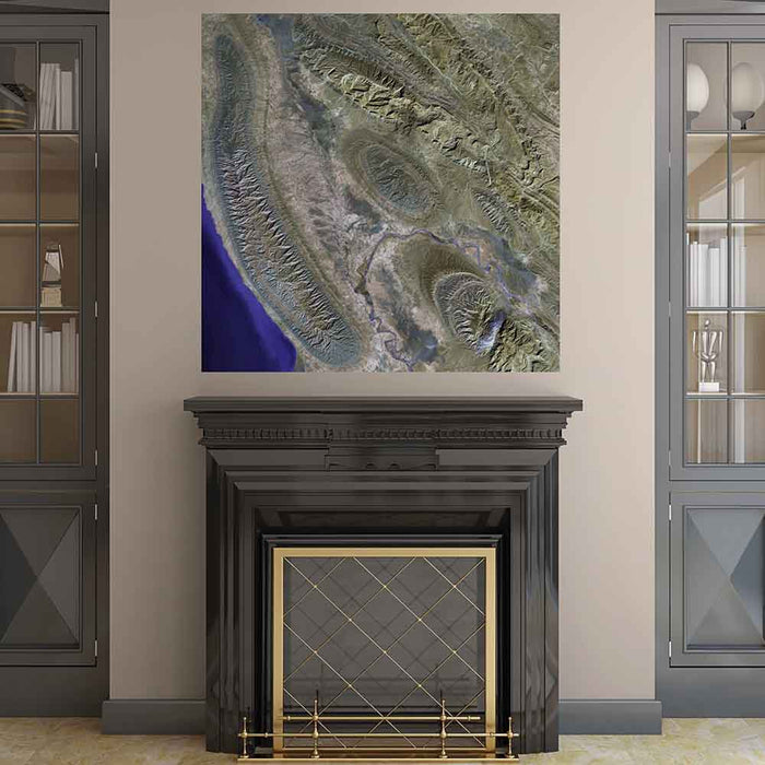 48x48 inch Iran Satellite Poster Displayed Above Fireplace