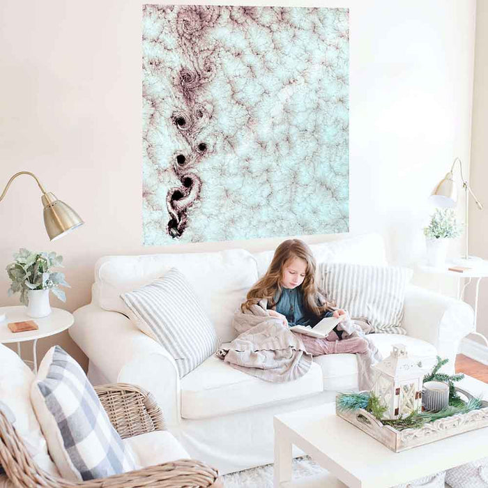48x48 inch Karman Vortices Cloud Satellite Poster Displayed Above Sofa