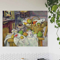 48 inch Still Life with Basket Displayed Above Tiled Backsplash