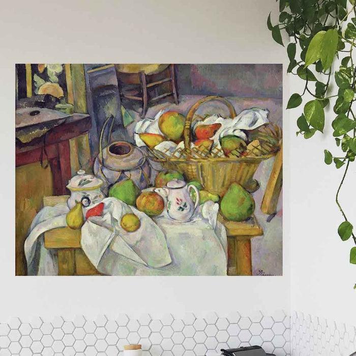 48 inch Still Life with Basket Decal Installed Above Tiled Backsplash