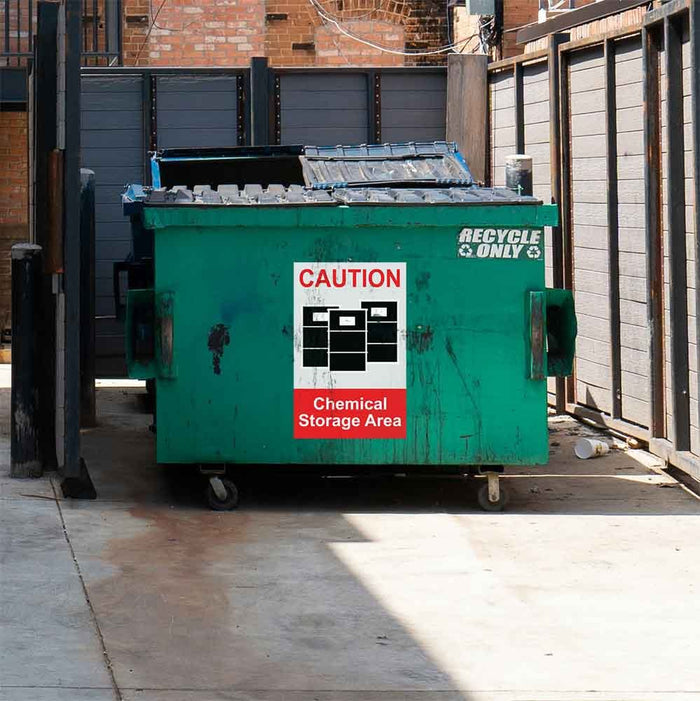 24x36 inch Chemical Storage Sign Wall Decal Installed on Dumpster