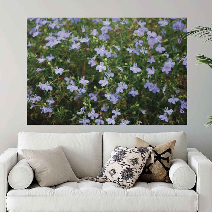 48x72 inch Purple Flowers Decal Installed Above Sofa