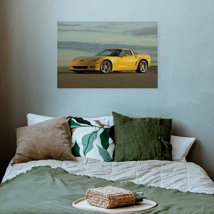 24 inch yellow Corvette Z06 poster installed above bed