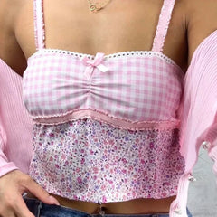 Cottage Floral Plaid Patchwork Y2K Lace Trim Backless Tie Up Retro Vest Crop Top