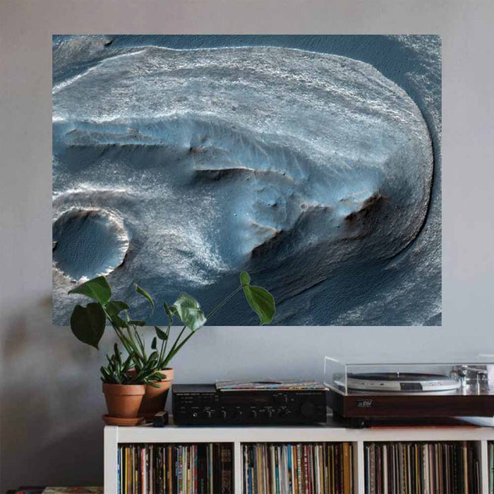 27x36 inch Cratered Surface of Mars Poster Installed Above Record Shelf
