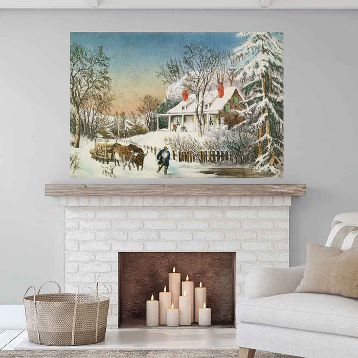 72 inch Bringing Home the Logs Decal Installed Above Fireplace