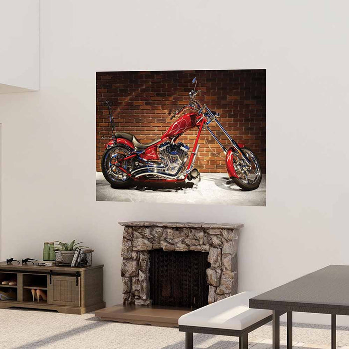 72 inch Red custom motorcycle decal  against a brick wall installed on a wall above a fireplace.