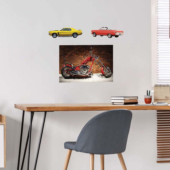 24 inch Flame red custom chopper decal installed on wall above desk