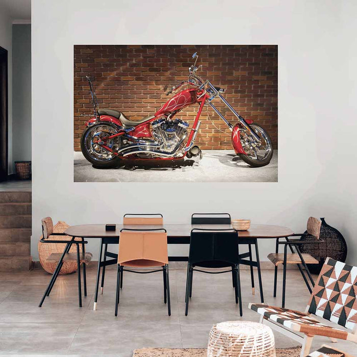 Dining room with a 72 inch large wall decal of a red custom motorcycle against a brick wall.
