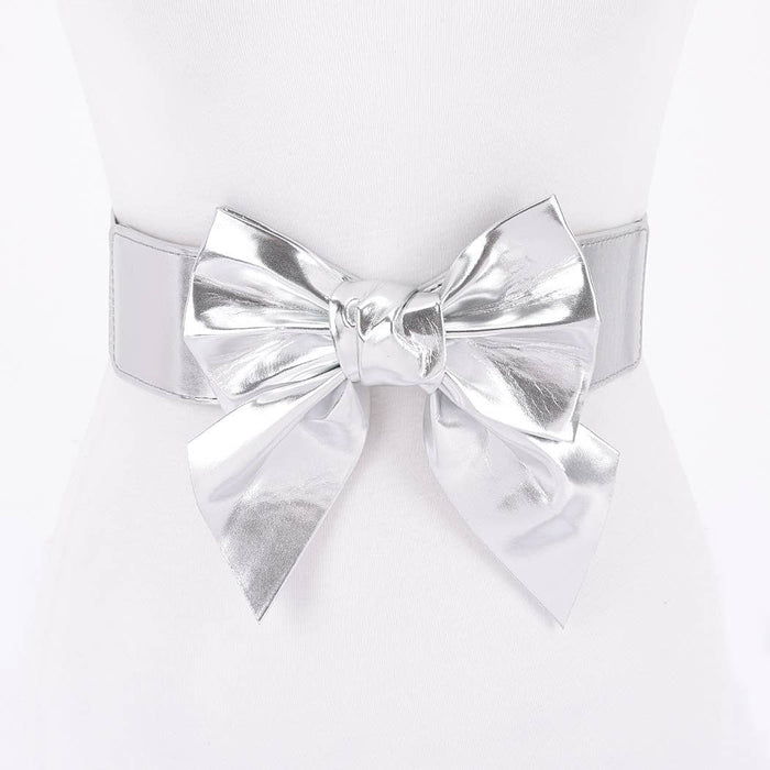 Faux Leather Ribbon Elastic Belt (Silver)