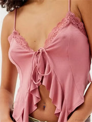 Floral Lace Trim Ruffle Split Strap Crop Top