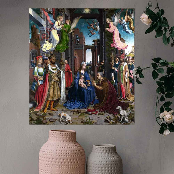 22x24 inch Adoration of the Kings Poster Displayed Above Vases