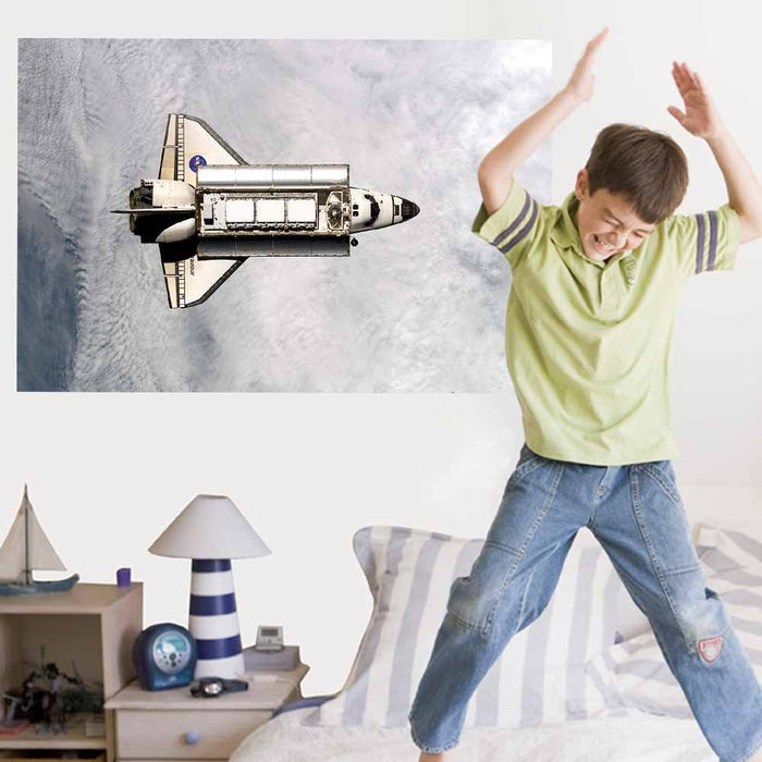 48 inch Orbiting Endeavor Above Cloud Cover Gloss Poster Installed in Boys Room