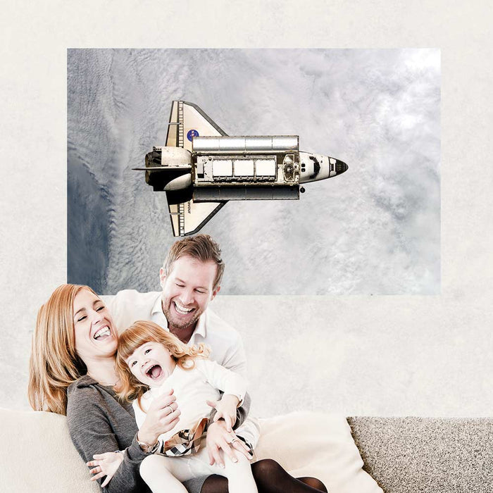 72 inch Orbiting Endeavor Above Cloud Cover Gloss Poster Installed in Living Room
