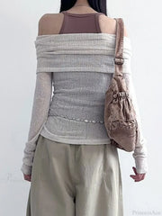 See-Through Printed Slash Neck Long Sleeve Knit Top