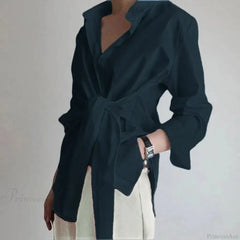 Slim Button Ruched Lace-Up Blouse