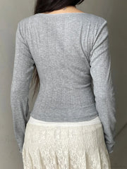 Sweet Solid Bow Slim Square Collar Long Sleeve Knit Top