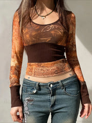 Vintage Patchwork Mesh See-Through Slim Square Collar Long Sleeve Knit Top