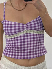 Vintage Plaid Lace Patchwork Spaghetti Crop Top